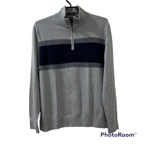 Banana Republic Mens Gray Blue Colorblock Cotton Cashmere Mock Neck Sweater Sz L - Picture 1 of 9